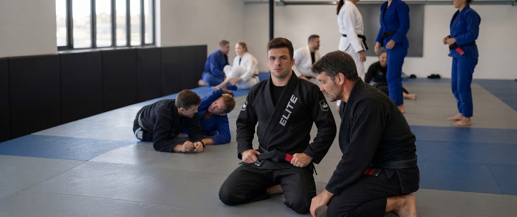Diverse group of adult students drilling techniques on a bright jiu jitsu academy mat