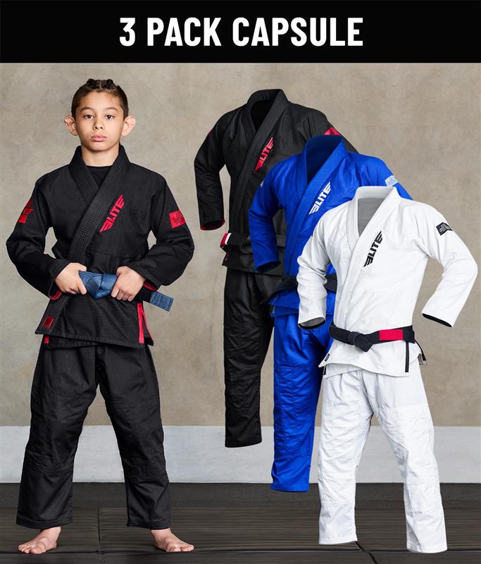 Core White/Black/Blue Brazilian Jiu Jitsu Kids BJJ Gi - (Pack of 3)