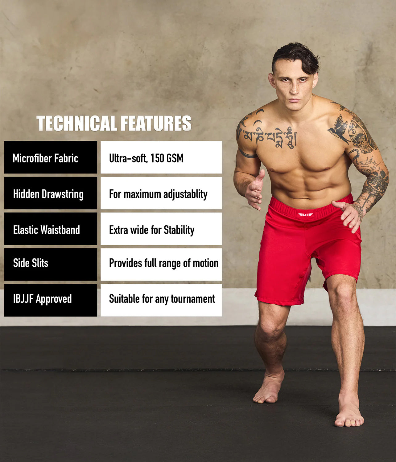 elite sports black jack series red adults mma shorts technical features