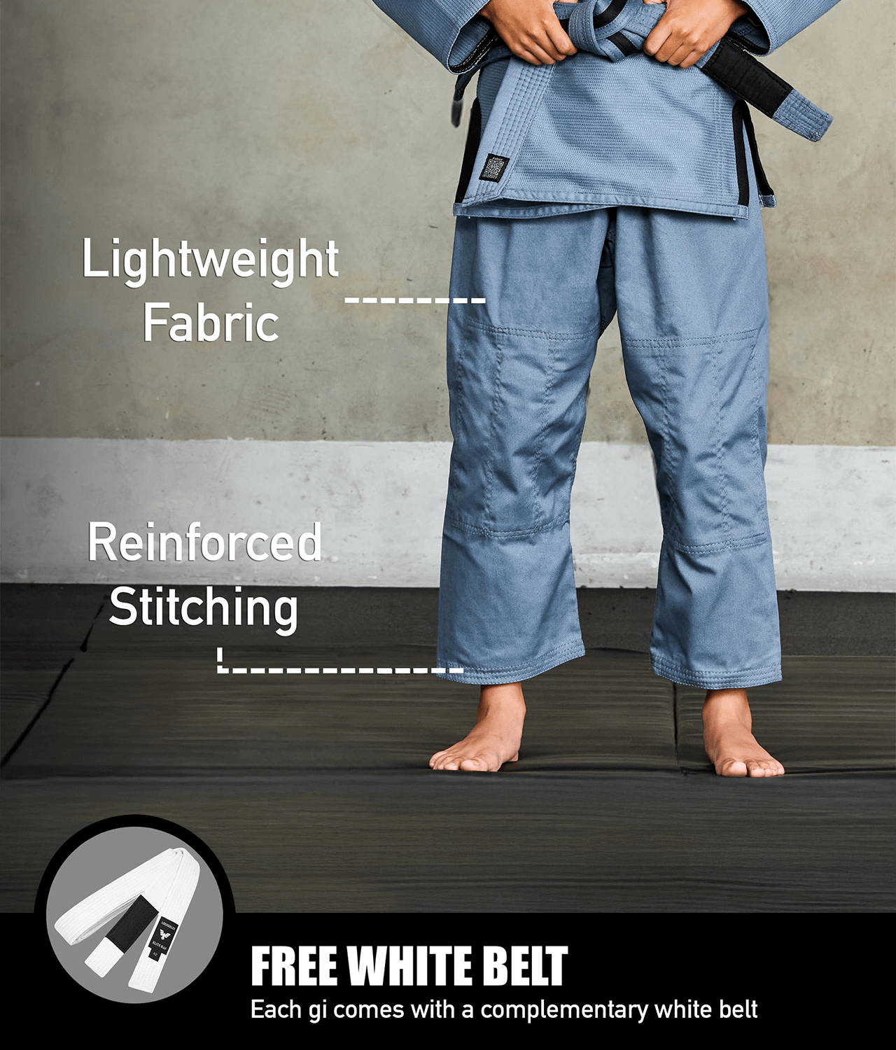 elite core gray youth bjj gi with free white belt