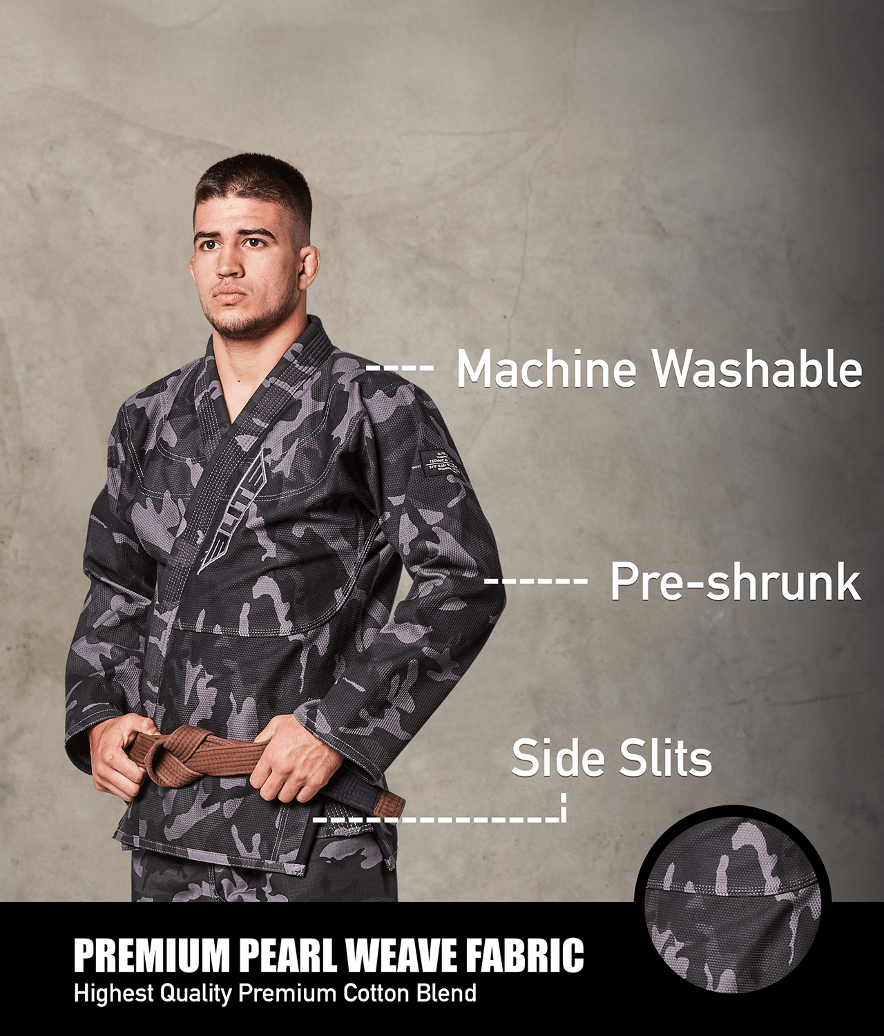 elite sports core gray camo mens bjj kimono fabric