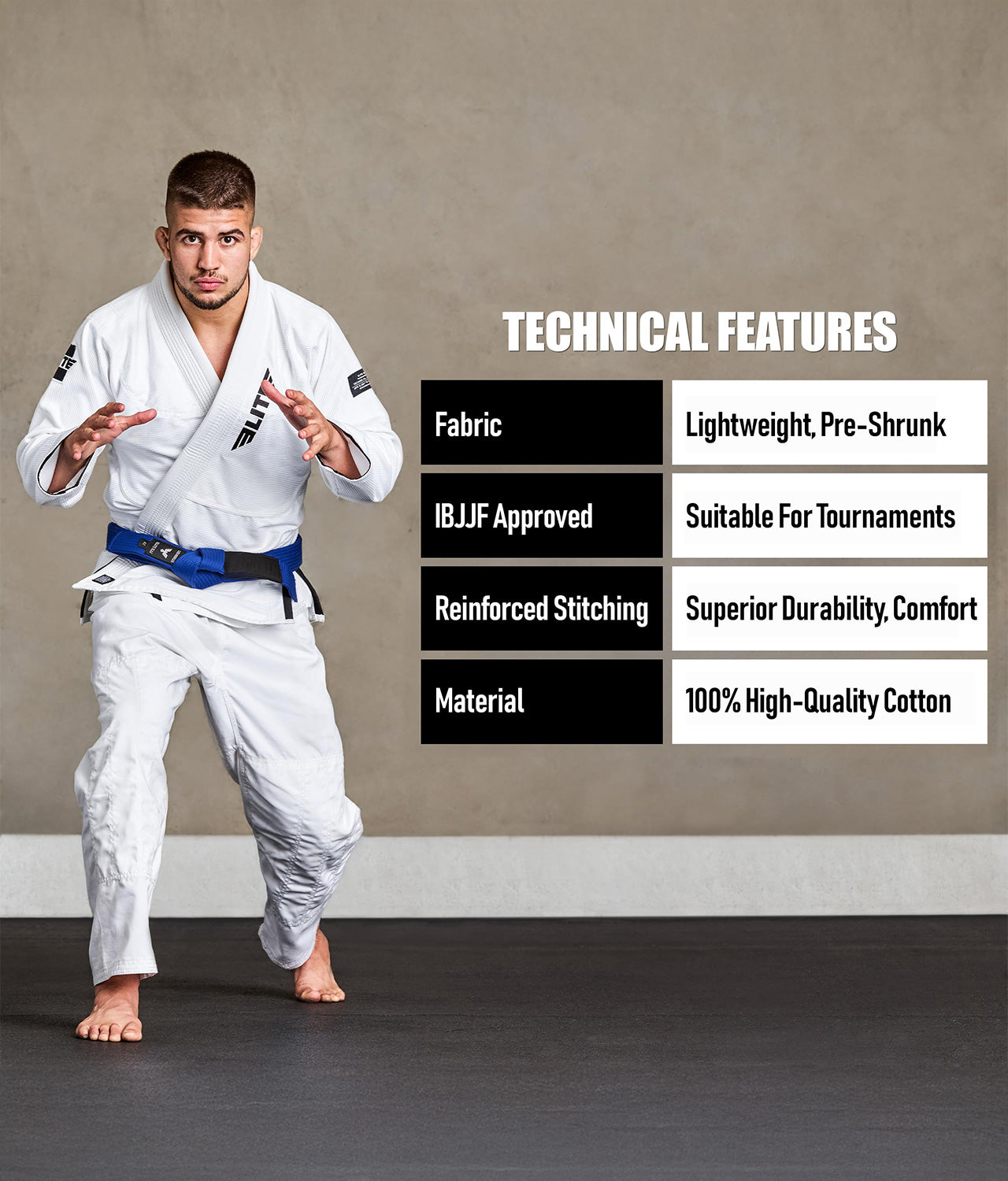 elite sports adults blue bjj belt technical features