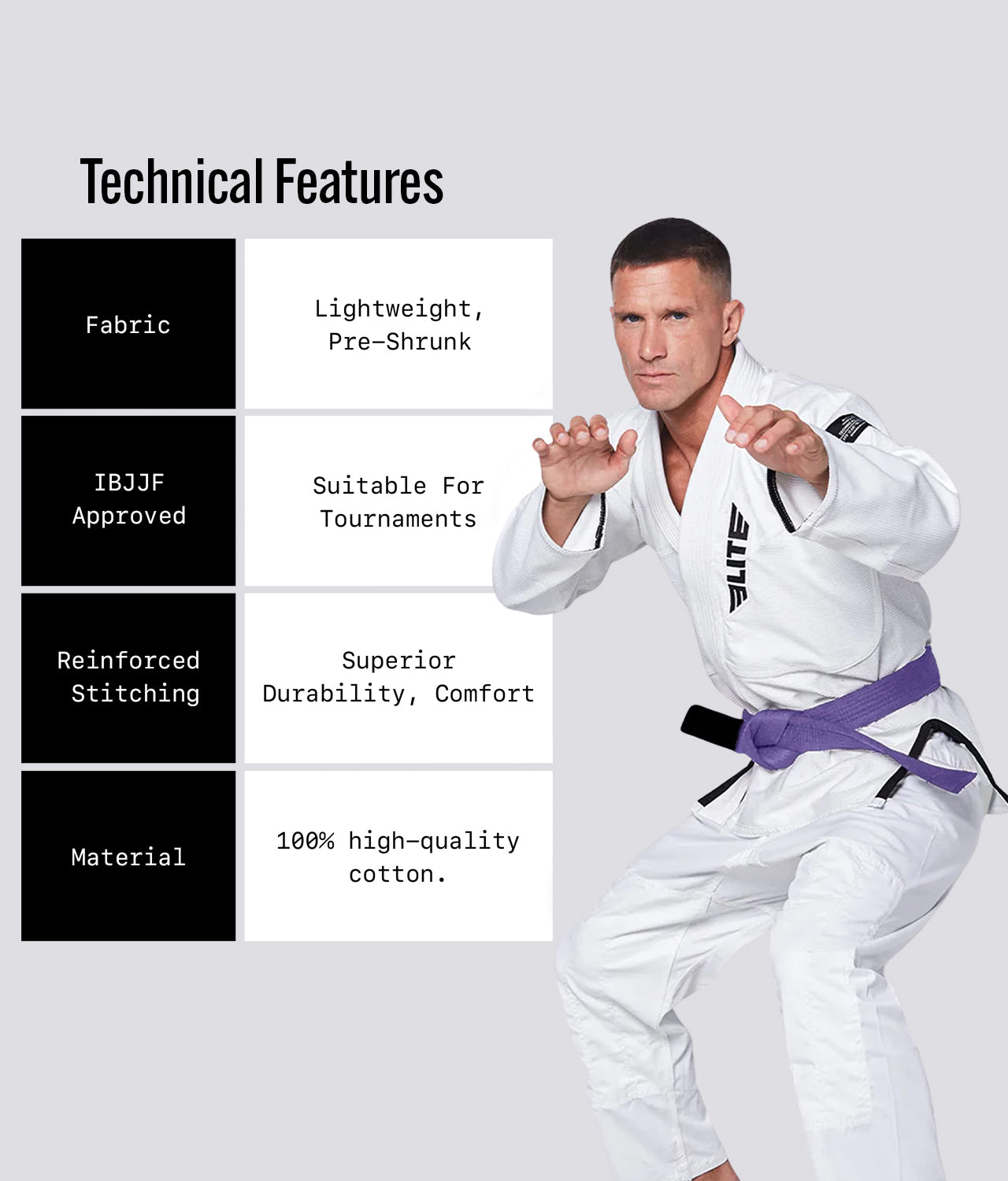 Elite Sports Adults' Jiu Jitsu BJJ Purple Belt Technical Features