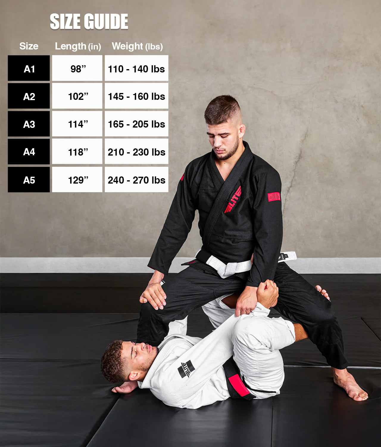 elite sports adults Brazilian jiu jitsu white bjj belt size guide