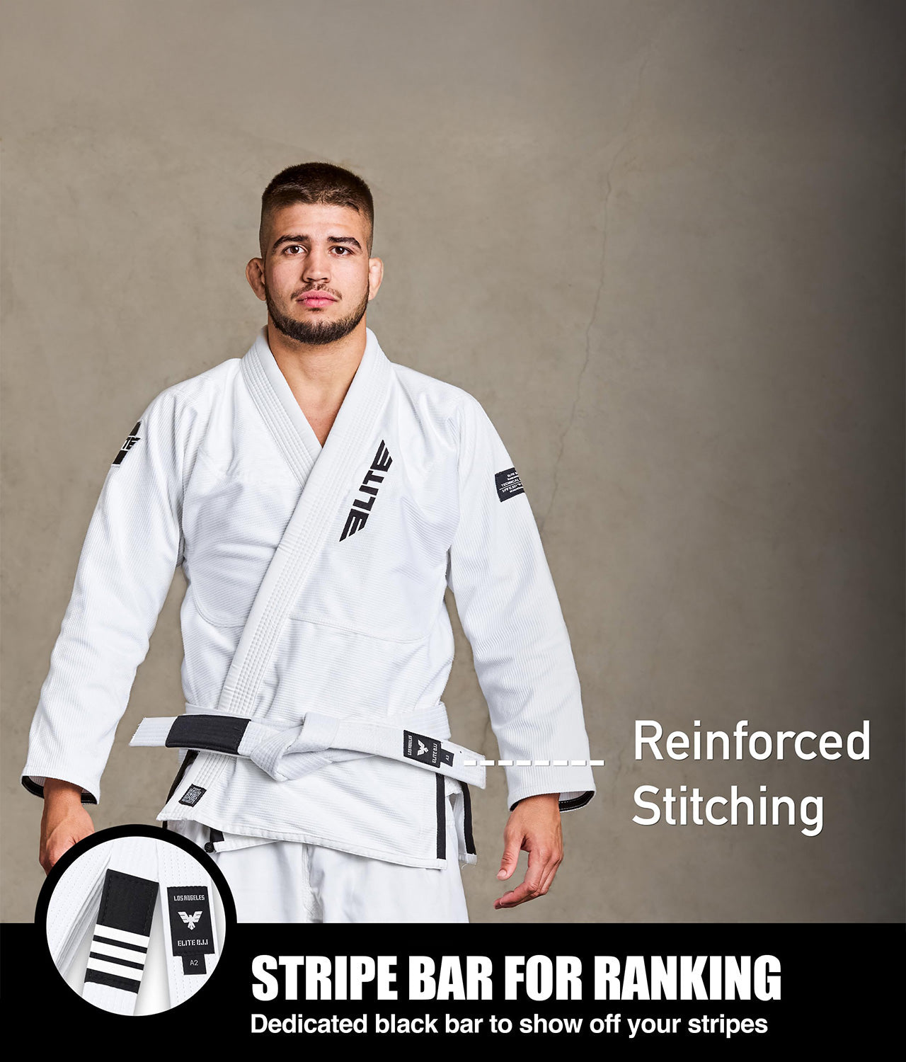 elite sports adults white bjj belt with stripe bar for ranking