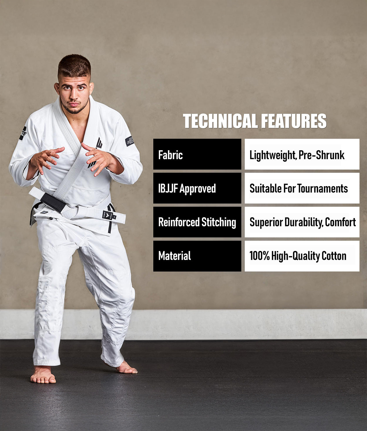 elite sports adults white bjj belt technical features