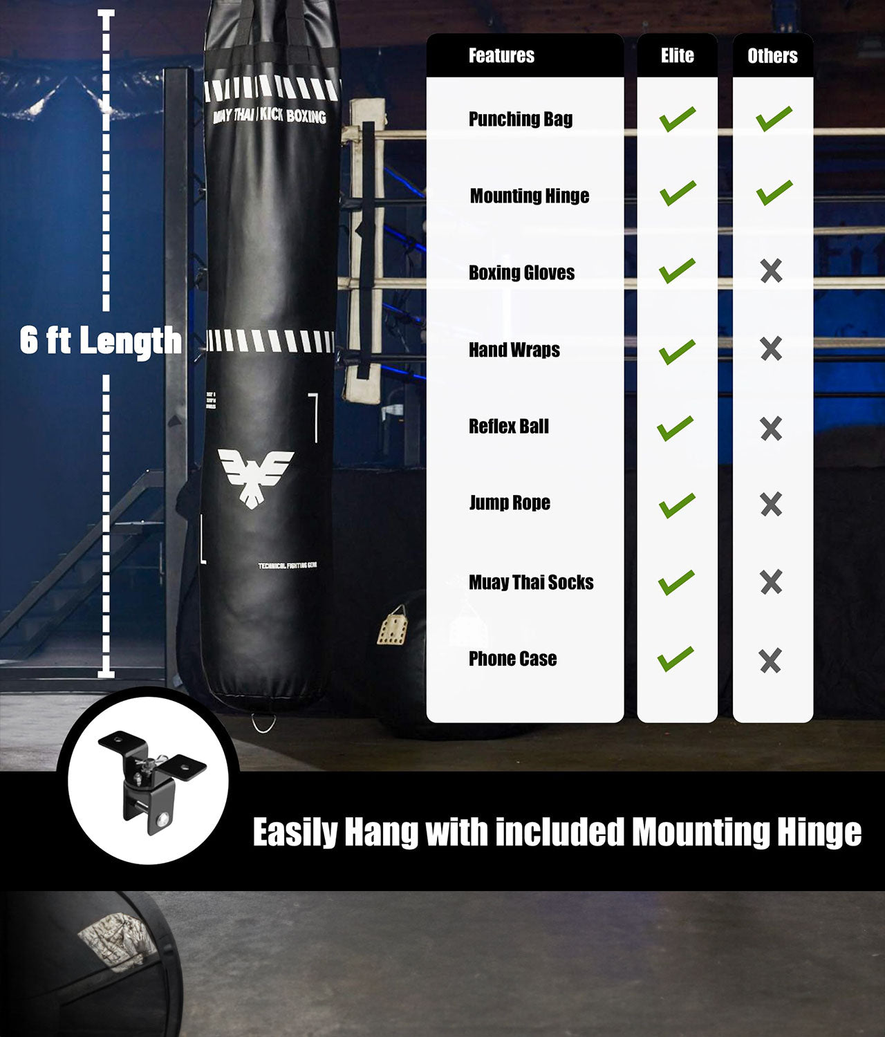 Elite Sports Adults Essential 6 ft Muay Thai Punching Bag Set Features
