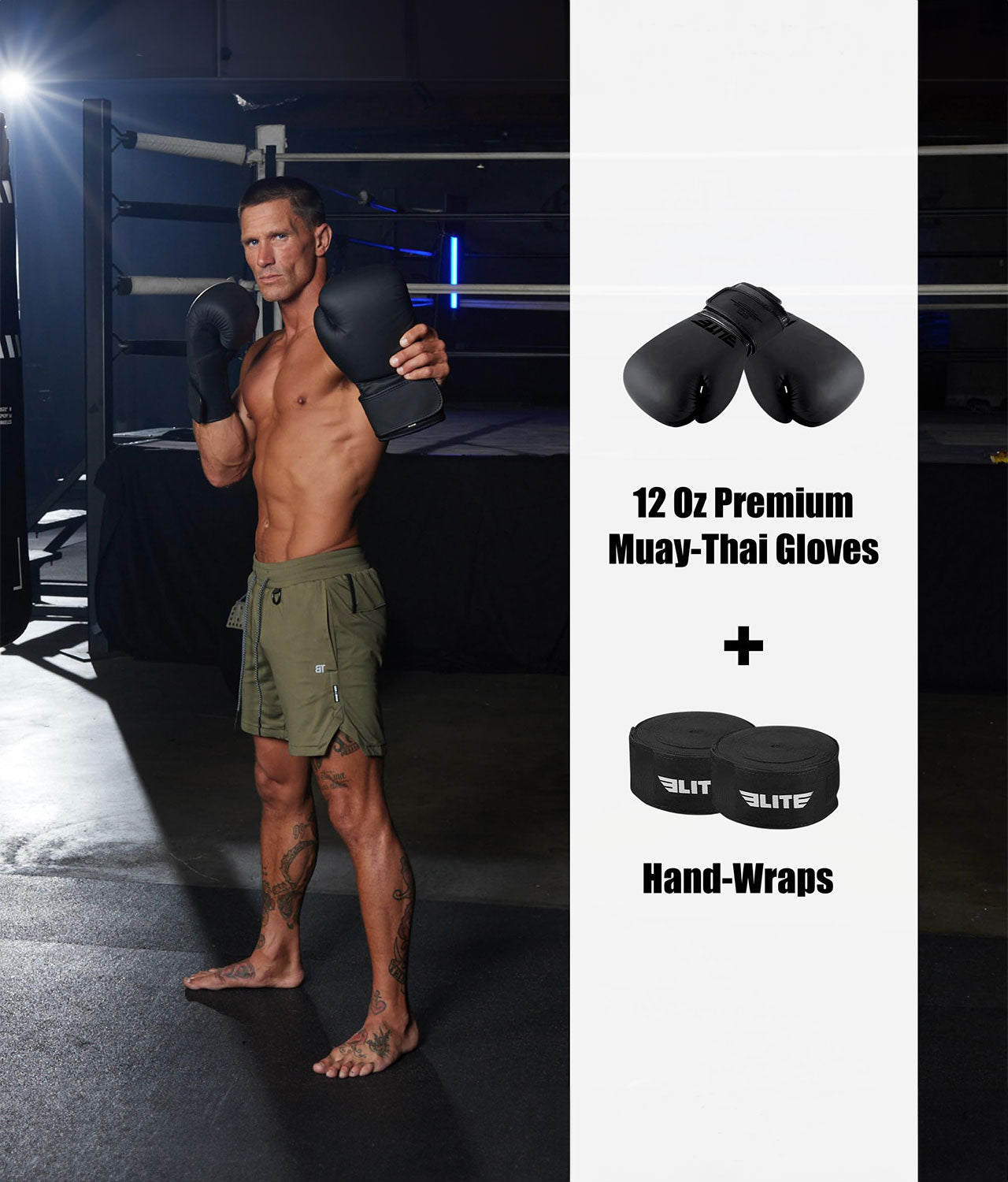 Elite Sports Adults Essential 6 ft Muay Thai Punching Bag Set 12 Oz Premium Muay-thai Gloves with Hand Wraps