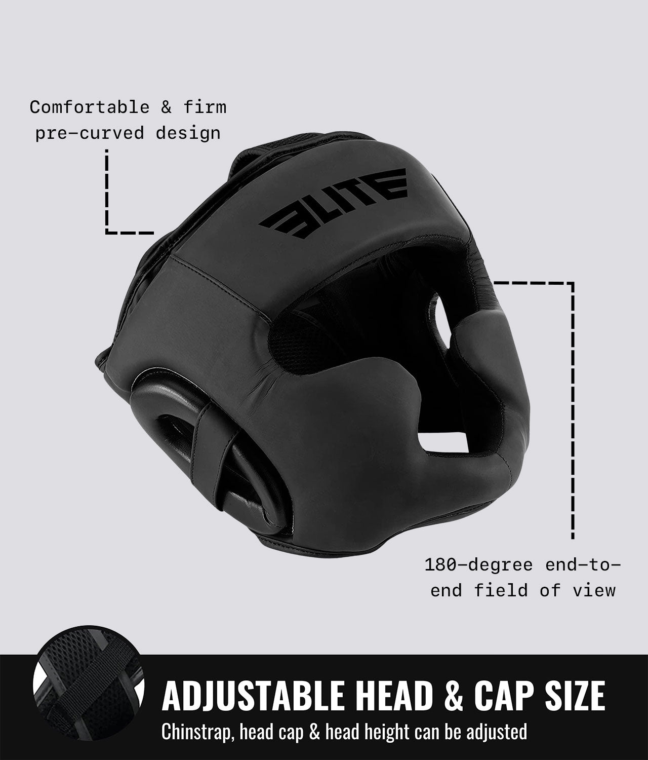 Elite Sports Adults' Black/Black Muay Thai Headgear Adjustable Head & Cap Size