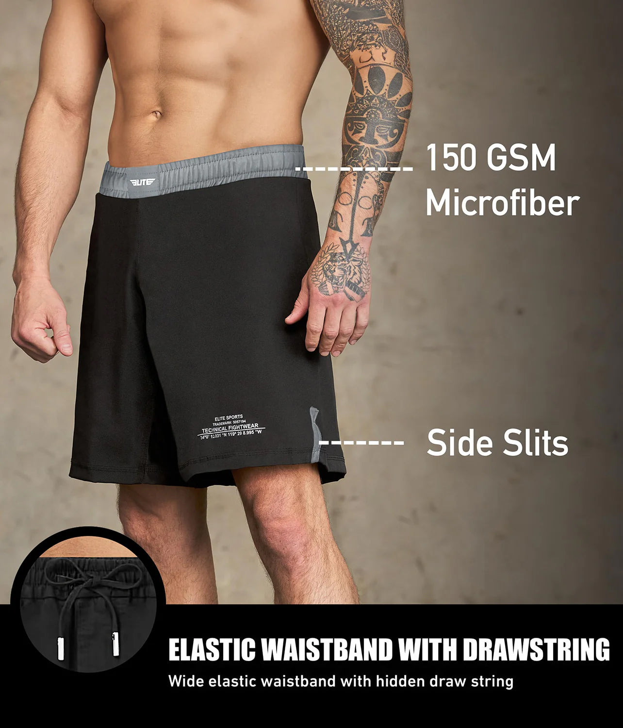 black jack series gray Brazilian jiu jitsu shorts with elastic waistband