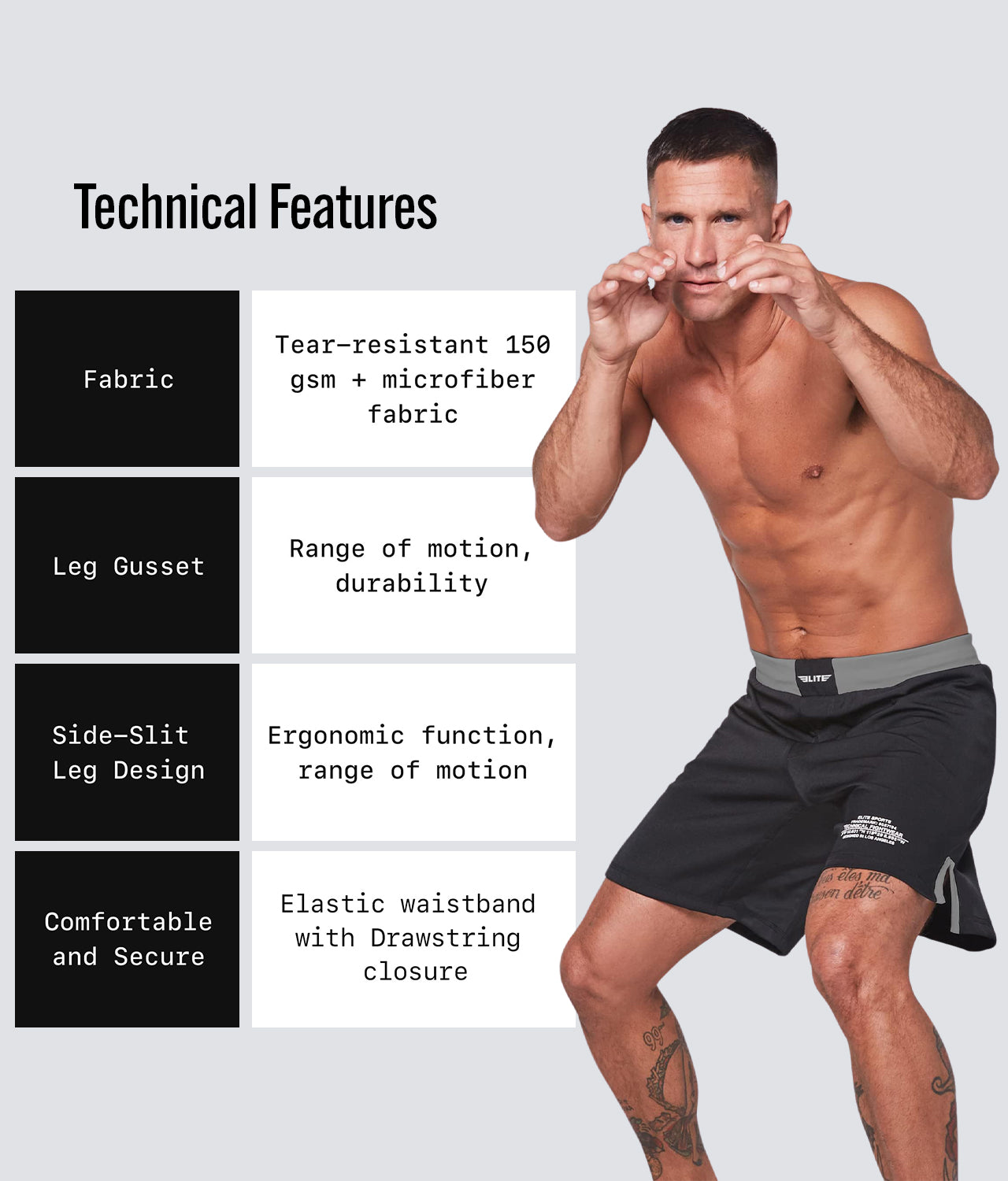 Elite Sports Men's Black Jack Gray MMA Shorts Technical Features