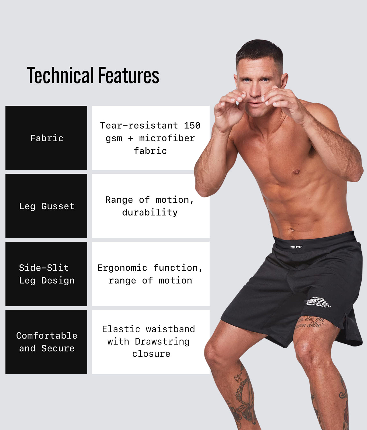 Elite Sports Men's Black Jack Black MMA Shorts Technical Features