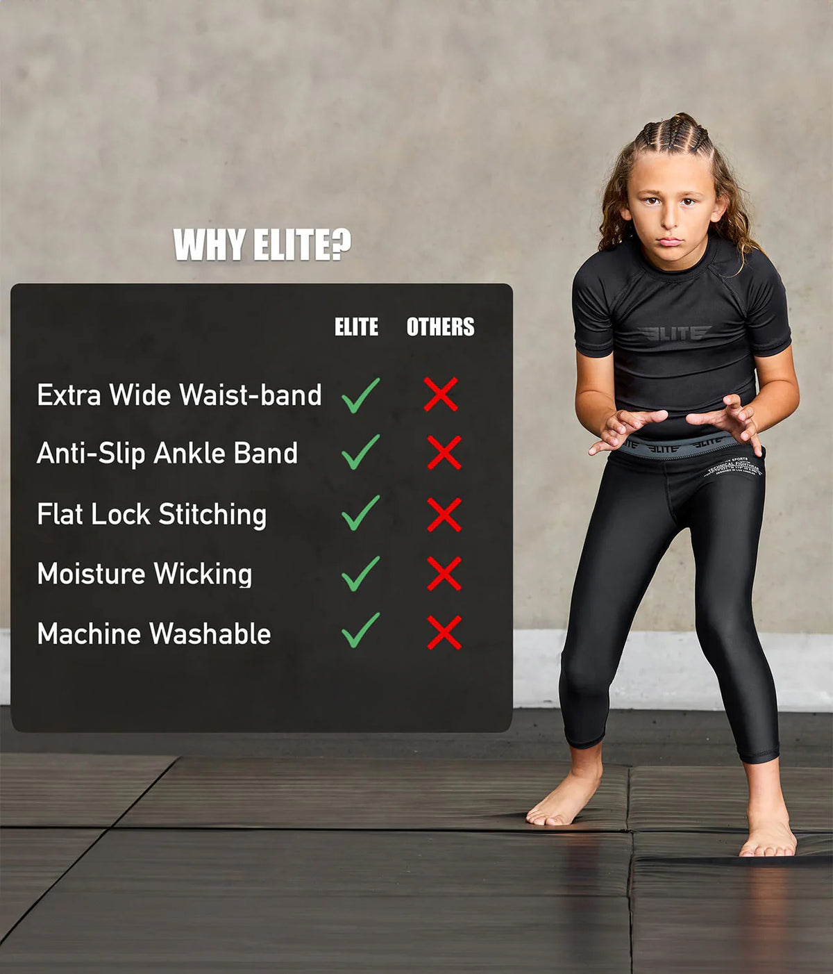 elite sports black no-gi youth jiu jitsu spats features
