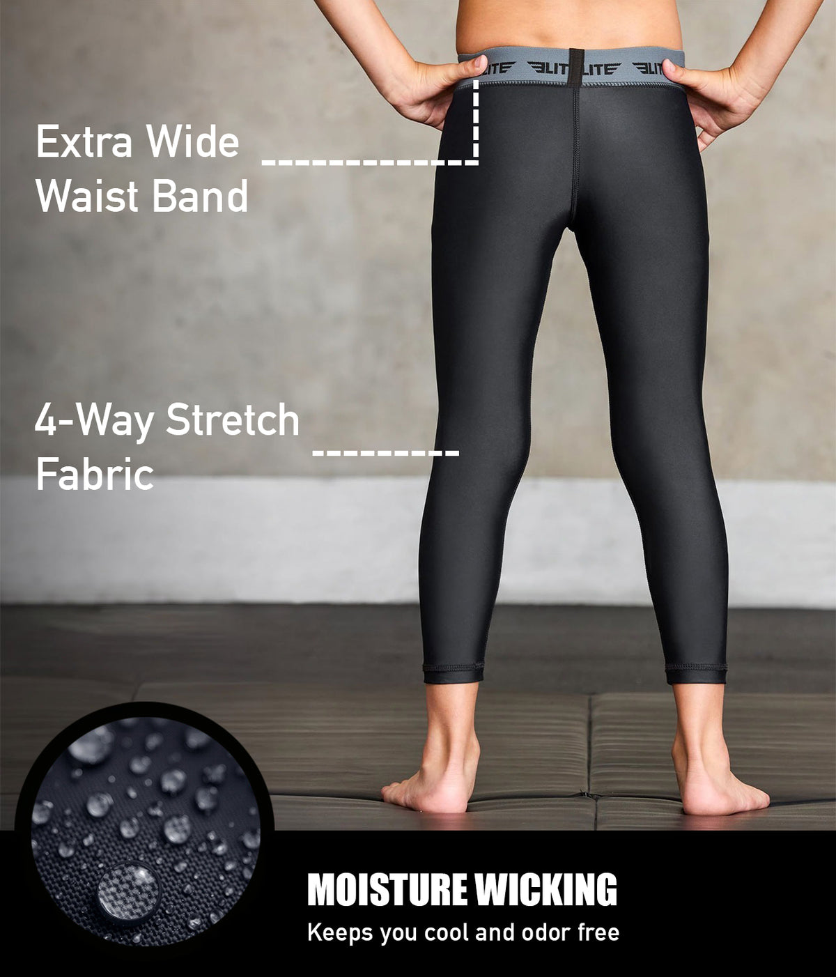 Kids' Plain Black Compression No-Gi BJJ Spats