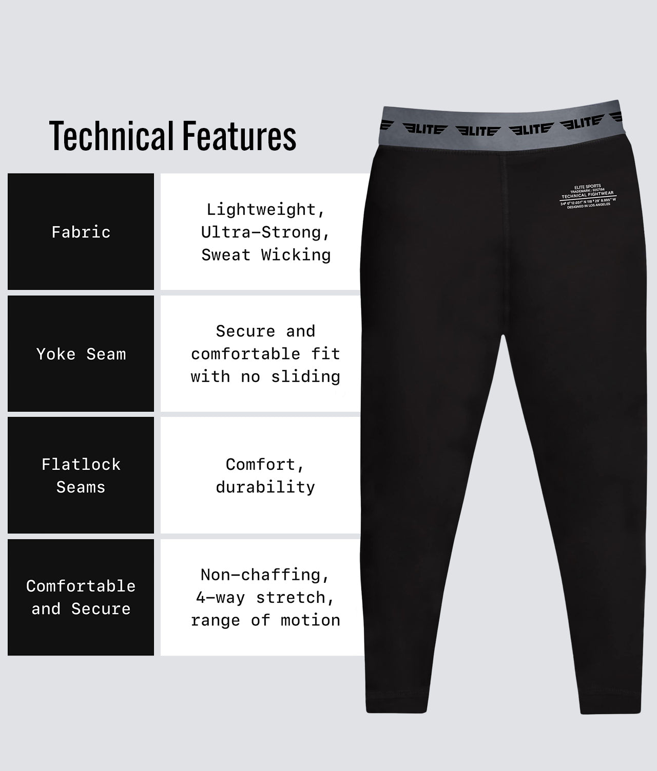 Elite Sports Kids' Plain Black Compression MMA Spat Pants Technical Features