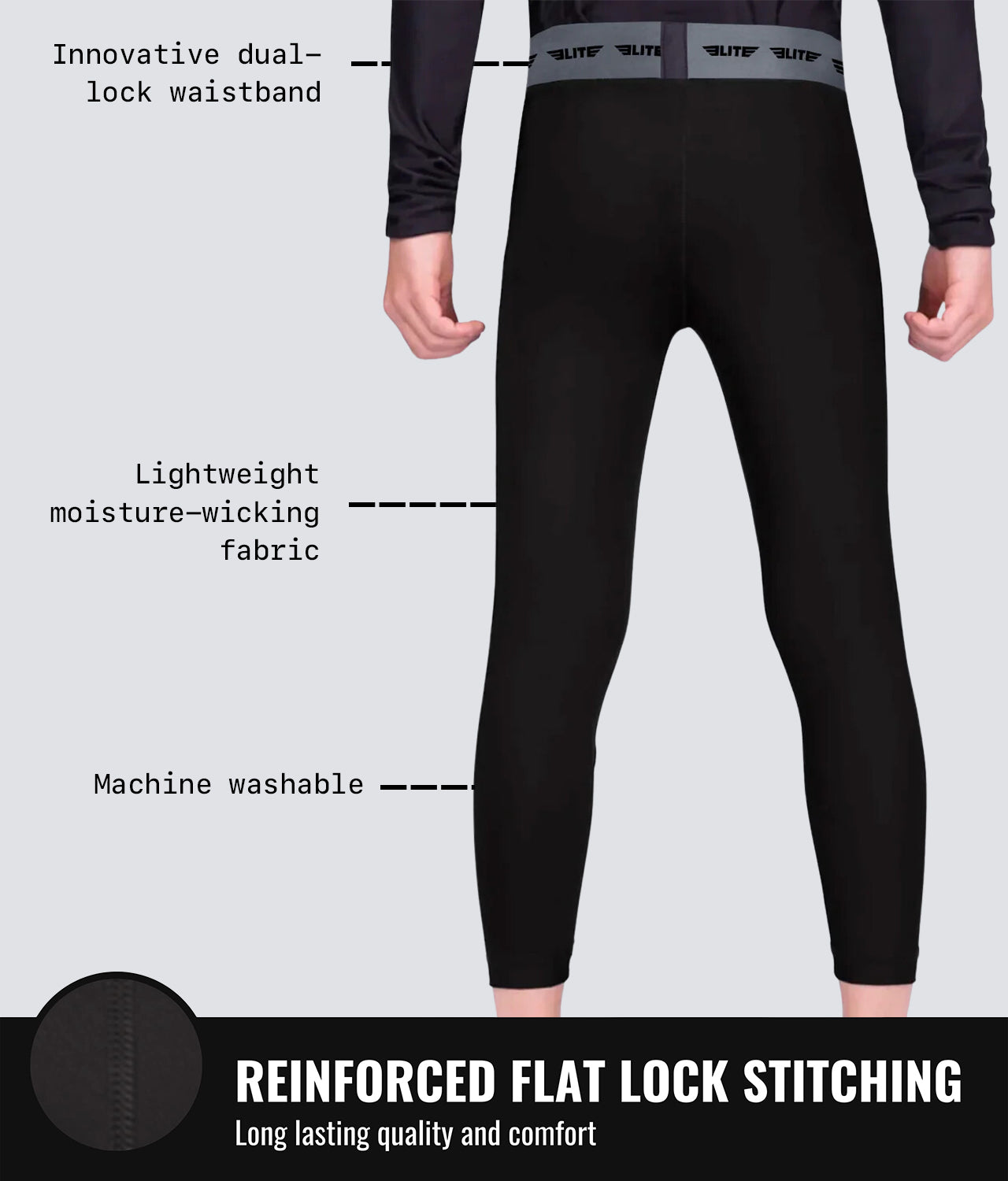 Elite Sports Kids' Plain Black Compression MMA Spat Pants Reinforced Flat Lock Stitching