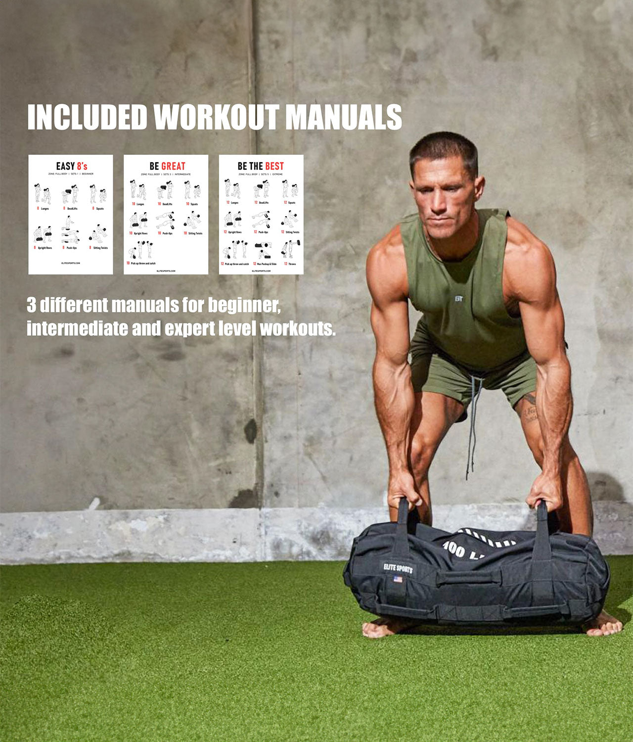 Elite Sports Core Duffel Workout Sandbag 75 lbs Included Workout Manuals