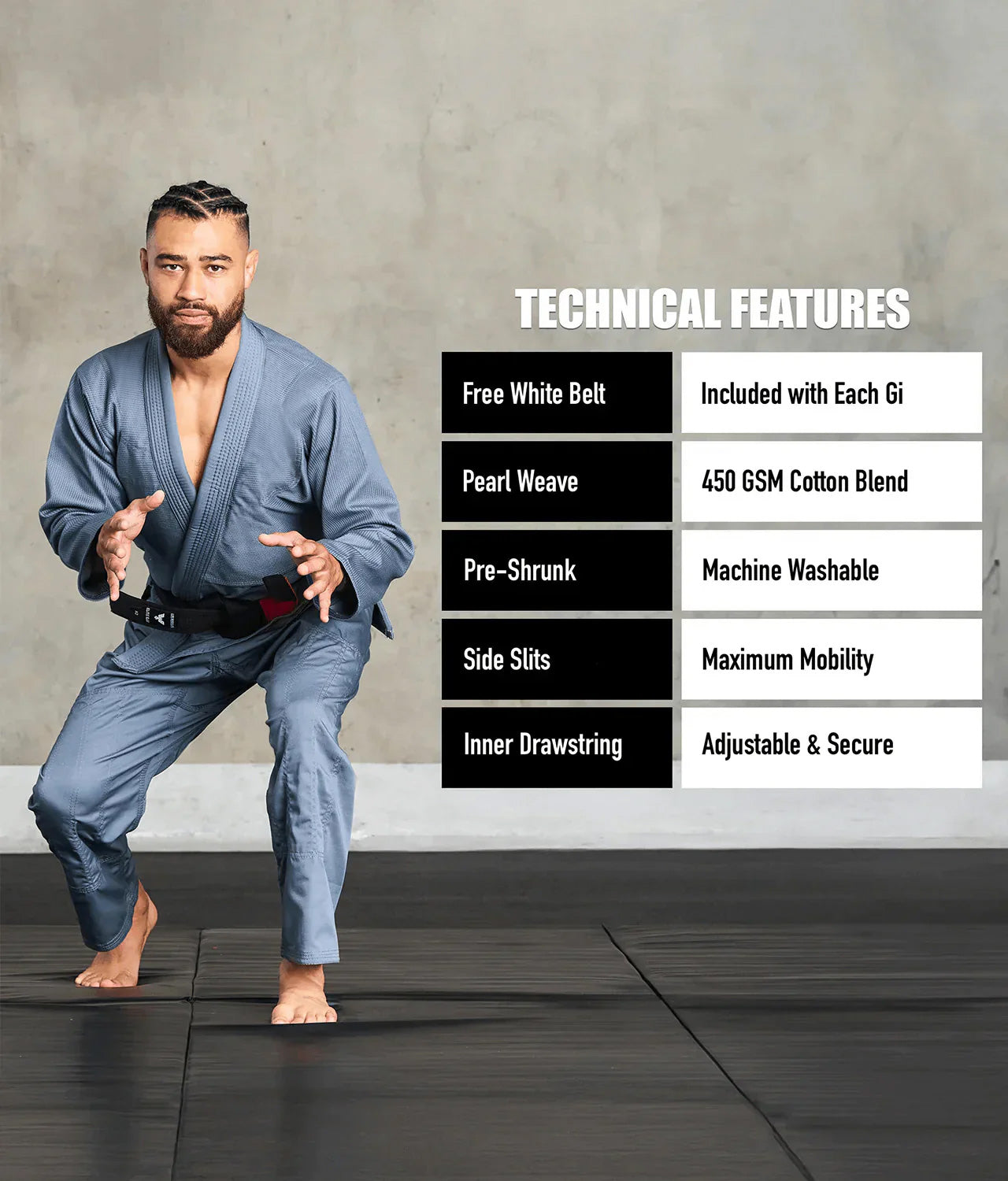 elite essential gray mens jiu jitsu uniform technical features