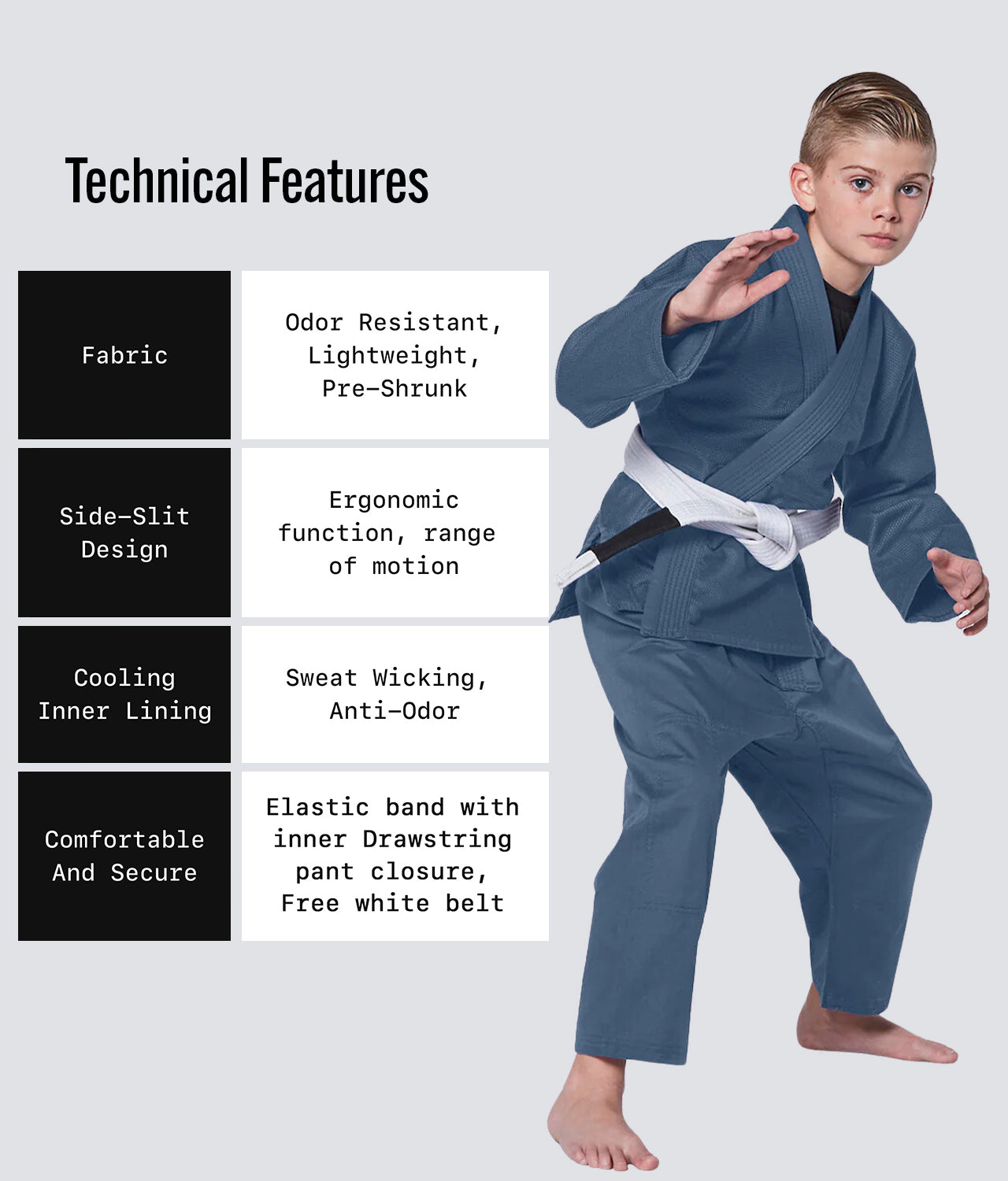Elite Sports Kids' Essential Gray Brazilian Jiu Jitsu BJJ Gi Technical Feature