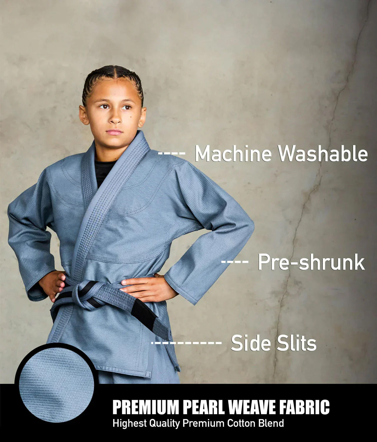 elite essential gray kids jiu jitsu kimono fabric