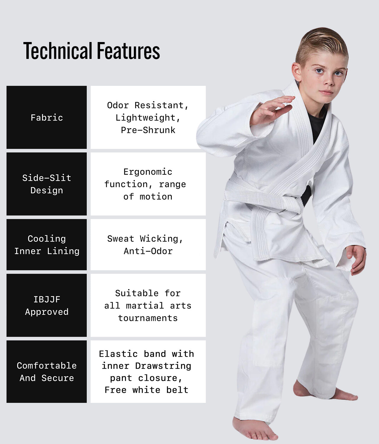 Elite Sports Kids' Essential White Brazilian Jiu Jitsu BJJ Gi Technical Feature