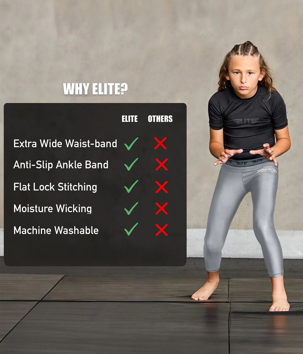 elite sports gray no-gi youth jiu jitsu spats features
