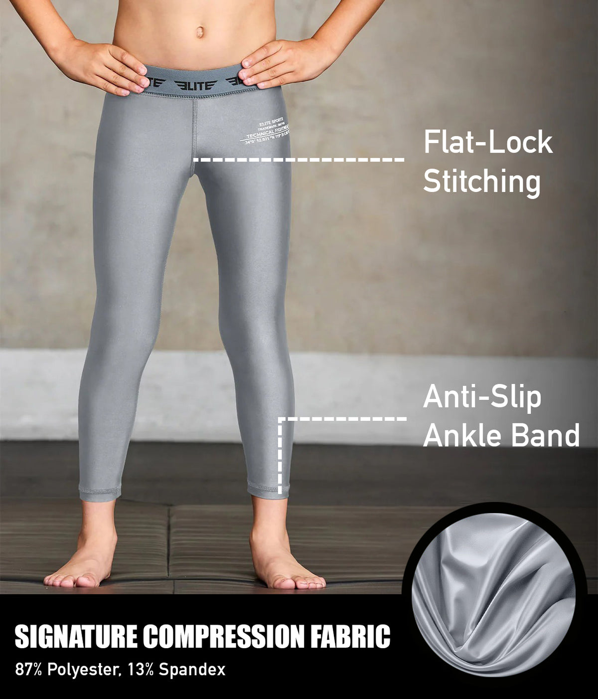 Kids' Plain Gray Compression No-Gi BJJ Spats