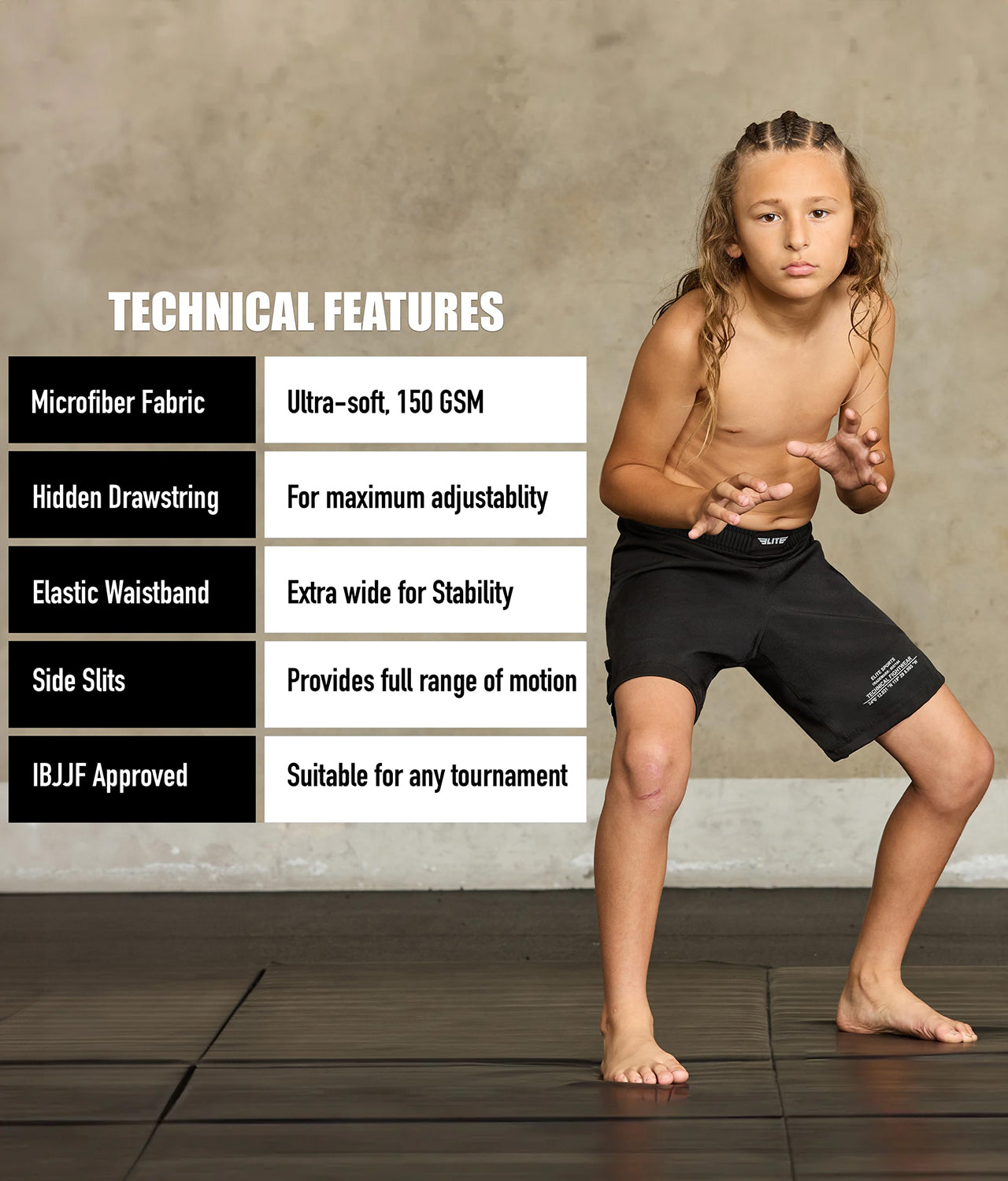 elite sports black jack series black kids bjj shorts technical features