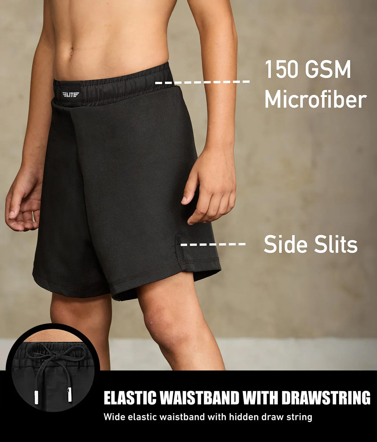 elite sports black jack series black kids Brazilian jiu jitsu shorts with elastic waistband