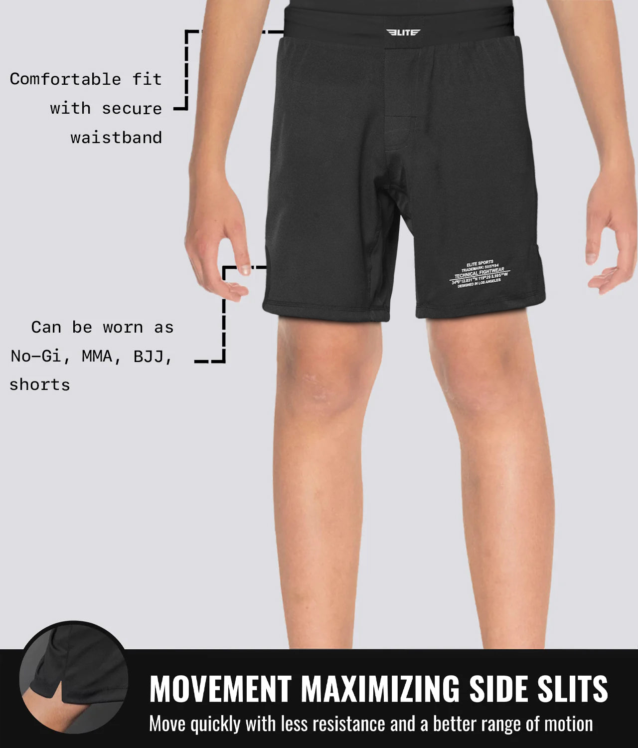 Elite Sports Kids' Black Jack Black Kids Bjj NO-GI Shorts Maximizing Side Slits