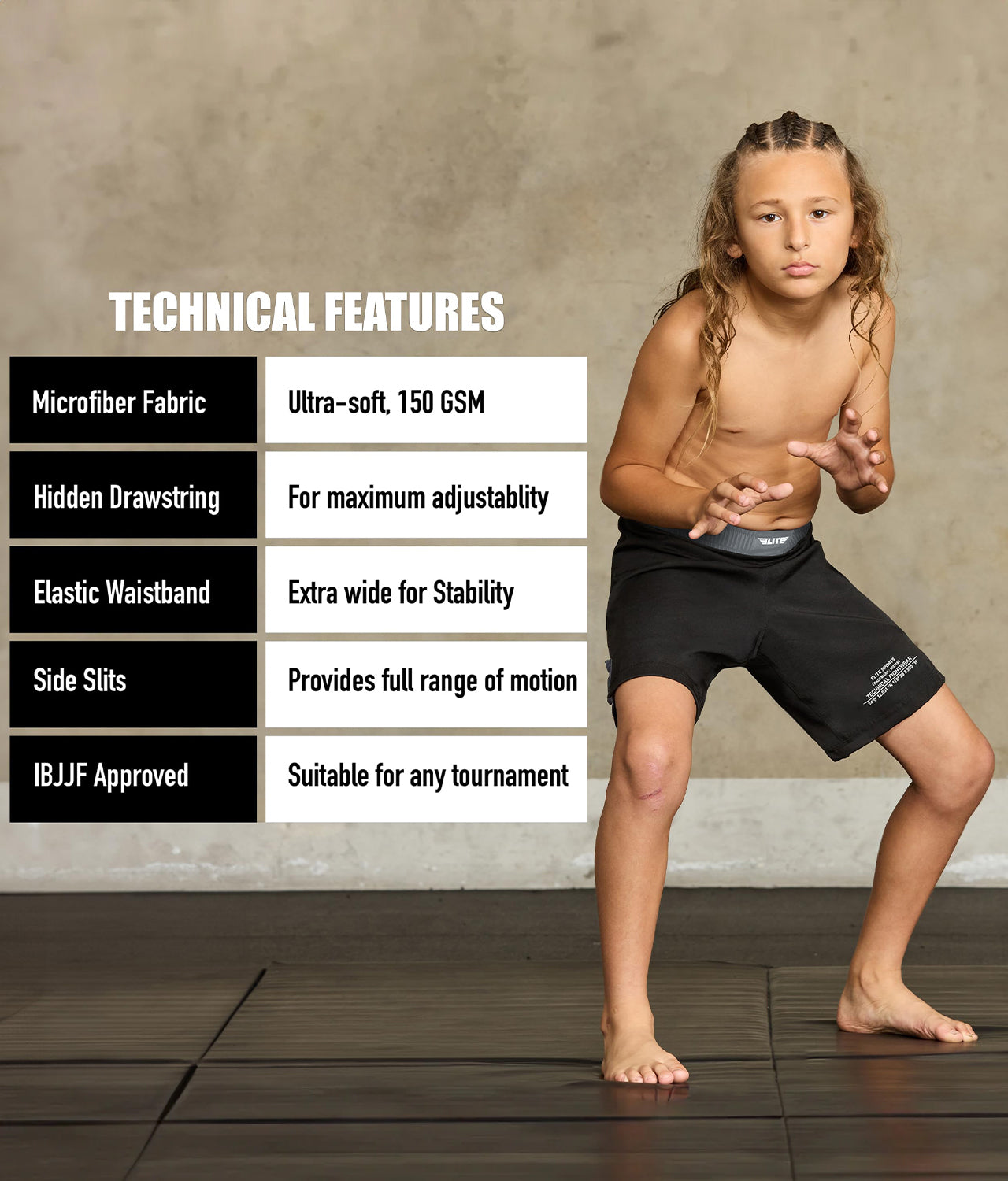 elite sports black jack series gray kids bjj shorts technical features