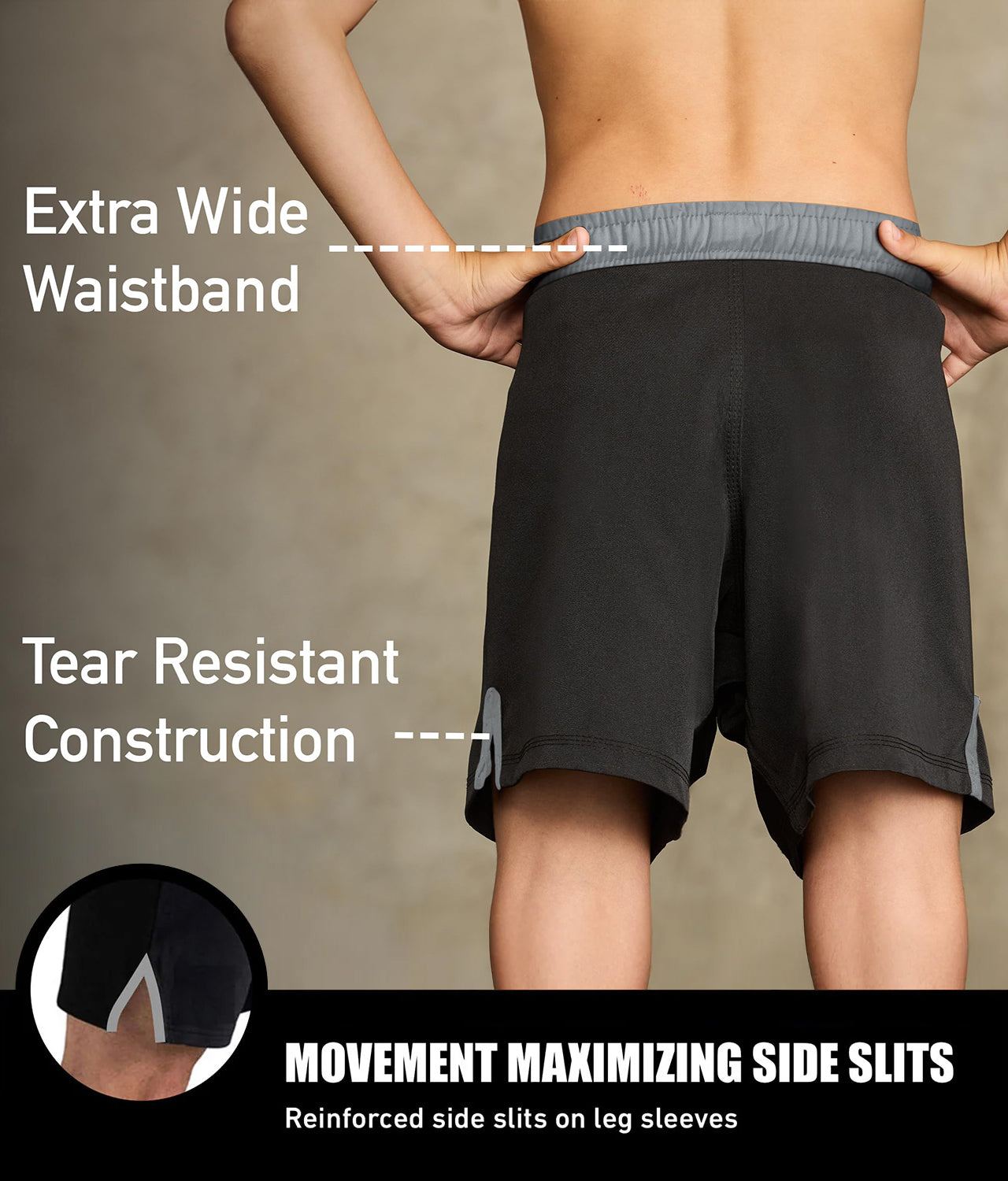 elite sports black jack series gray no-gi kids jiu jitsu shorts with reinforced side slits