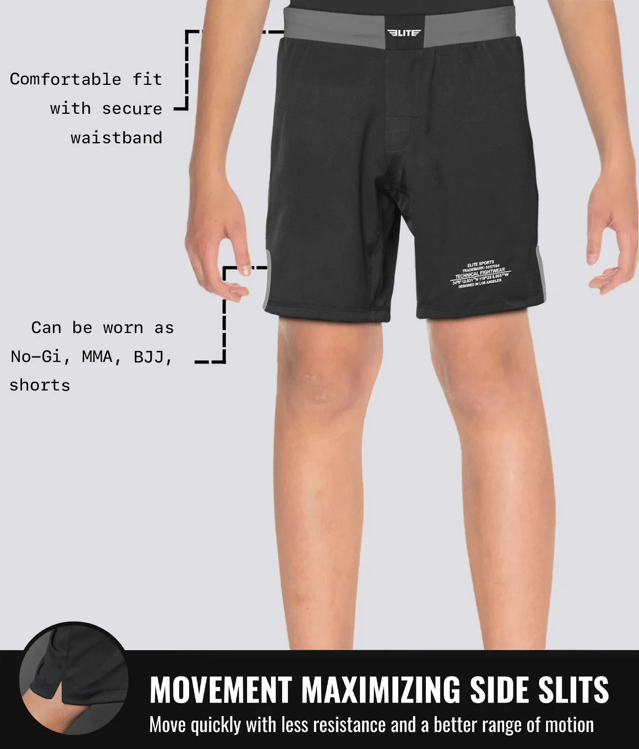 Elite Sports Kids' Black Jack Gray Kids Bjj NO-GI Shorts Maximizing Side Slits