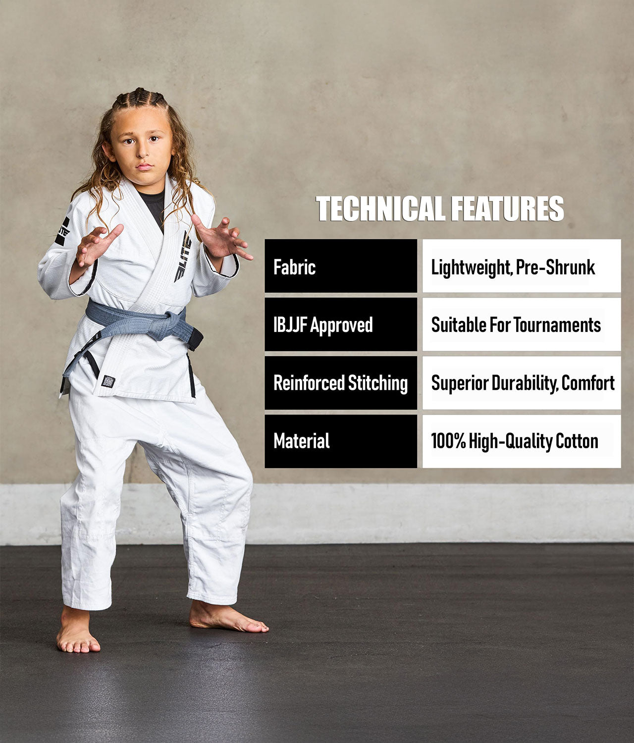 elite sports kids gray bjj belt technical features