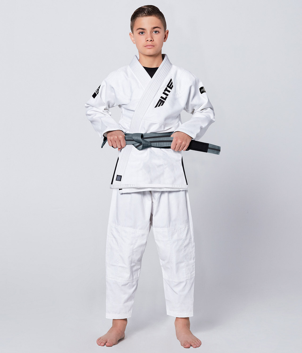 Elite Sports Kids' Jiu Jitsu BJJ Gray/Black Belt Full Look