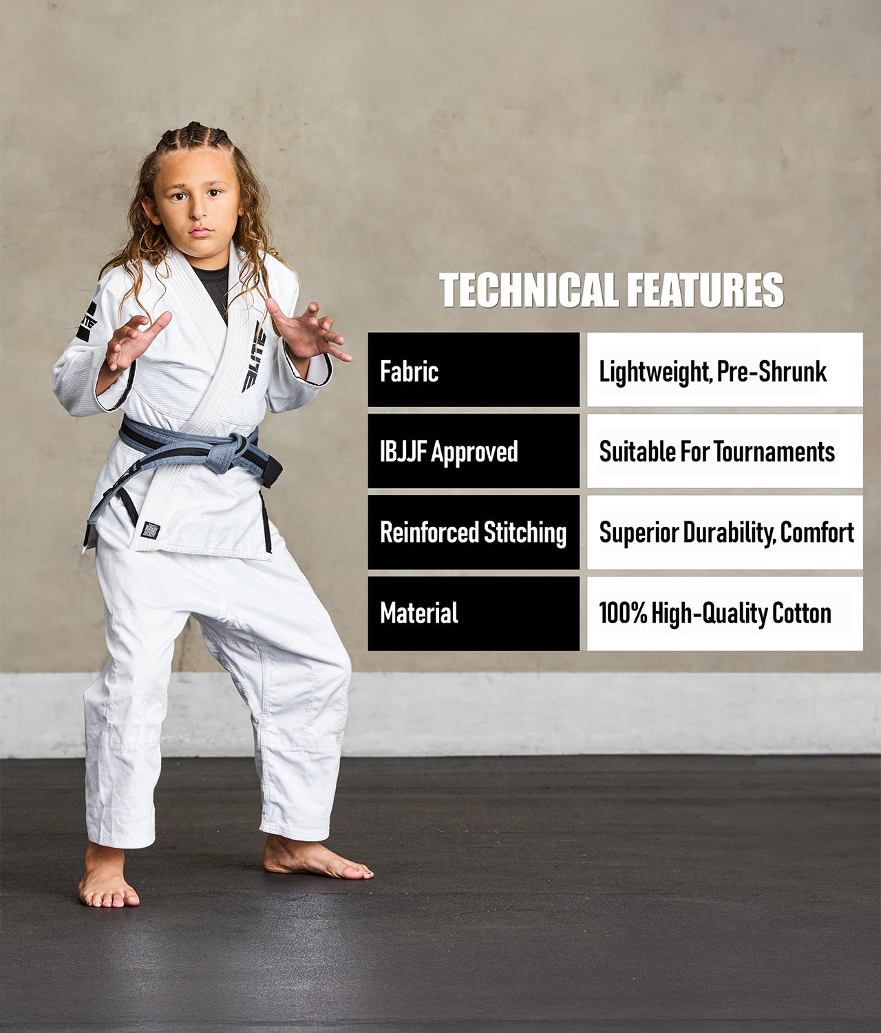 elite sports kids gray/black bjj belt technical features