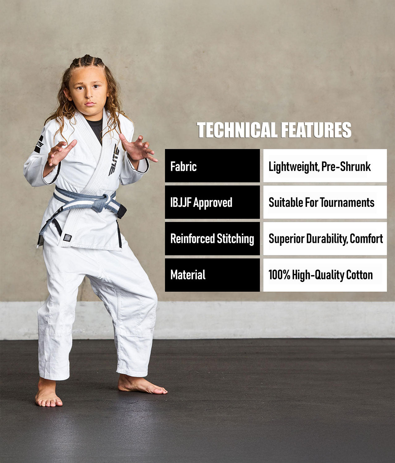 elite sports kids gray/white bjj belt technical features