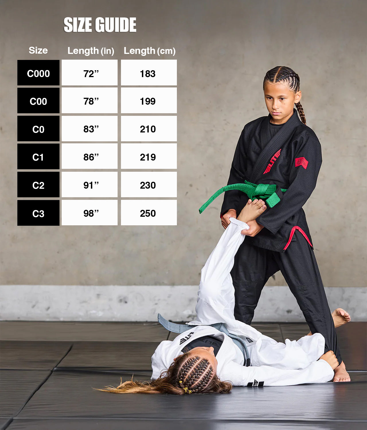 elite sports kids Brazilian jiu jitsu green bjj belt size guide