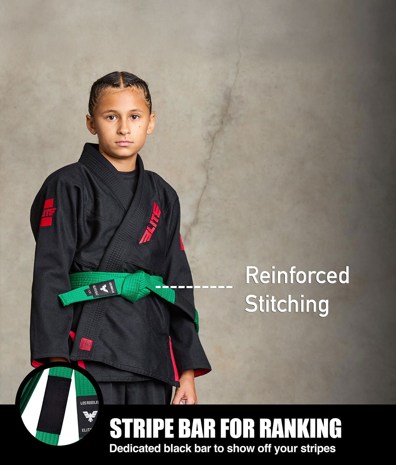 elite sports kids green bjj belt with stripe bar for ranking