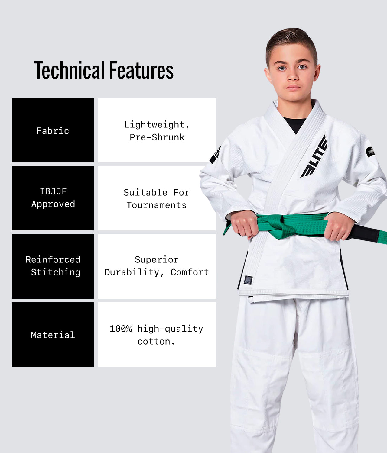 Elite Sports Kids' Jiu Jitsu BJJ Green Belt Technical Features