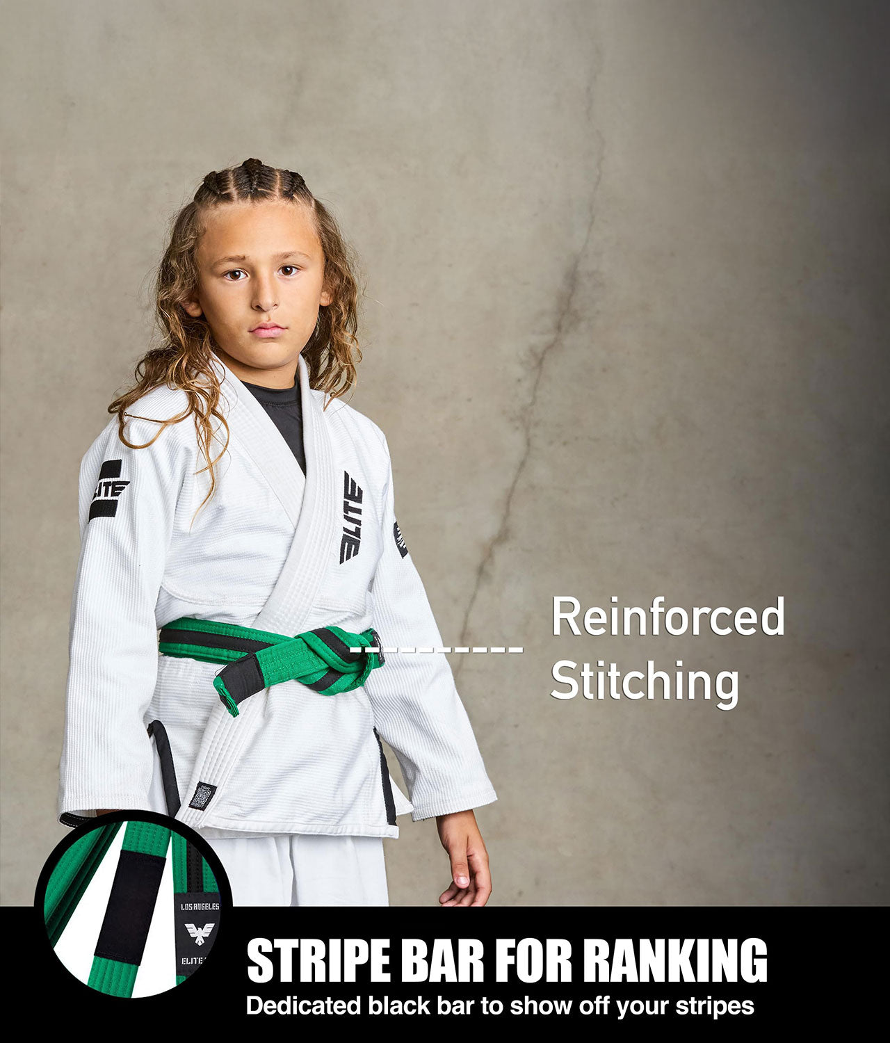elite sports kids green/black bjj belt with stripe bar for ranking