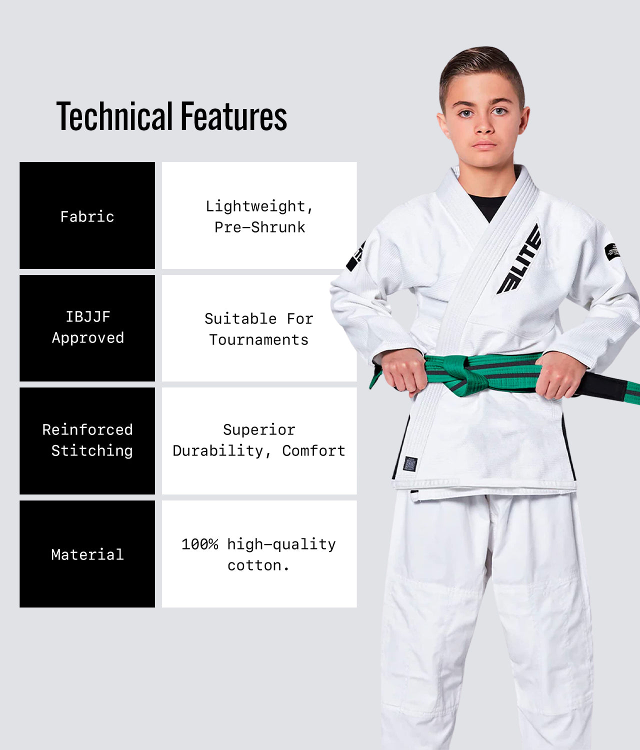 Elite Sports Kids' Jiu Jitsu BJJ Green/Black Belt Technical Features
