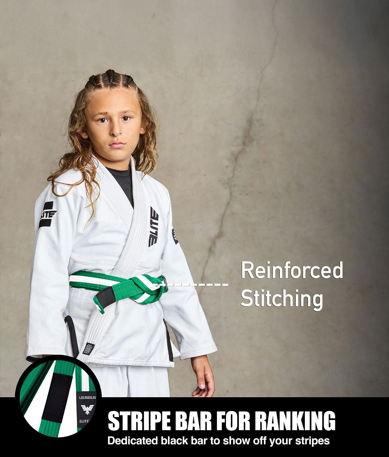 elite sports kids green/white bjj belt with stripe bar for ranking