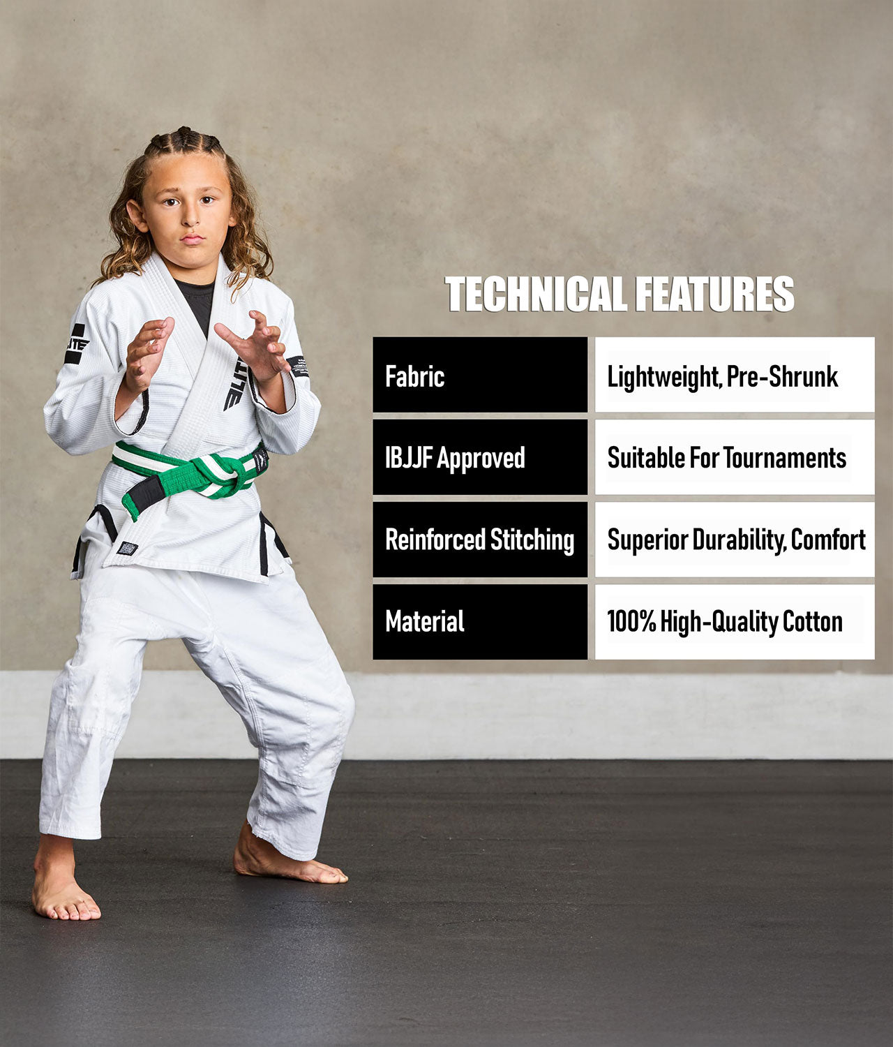 elite sports kids green/white bjj belt technical features