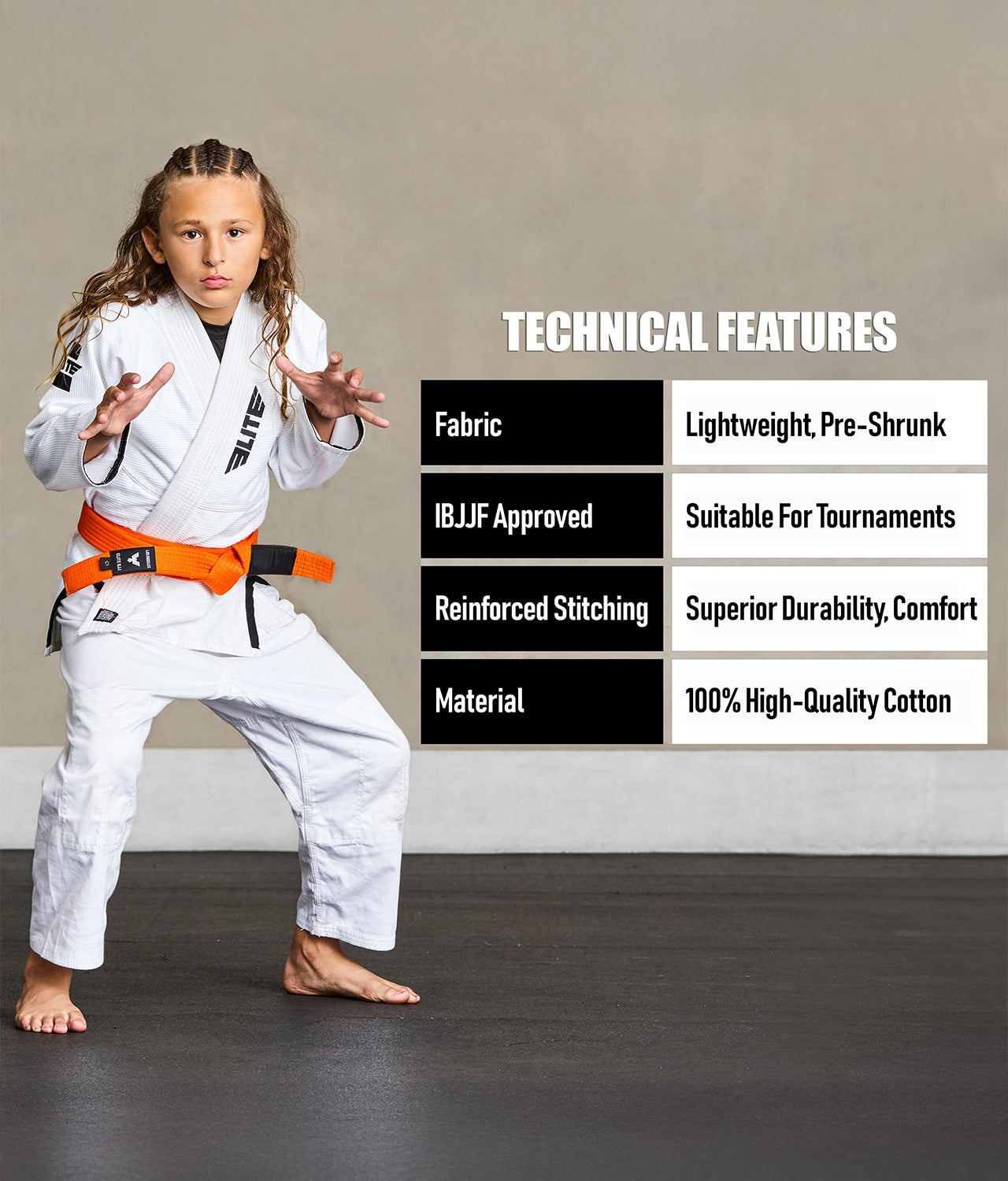 elite sports kids orange bjj belt technical features