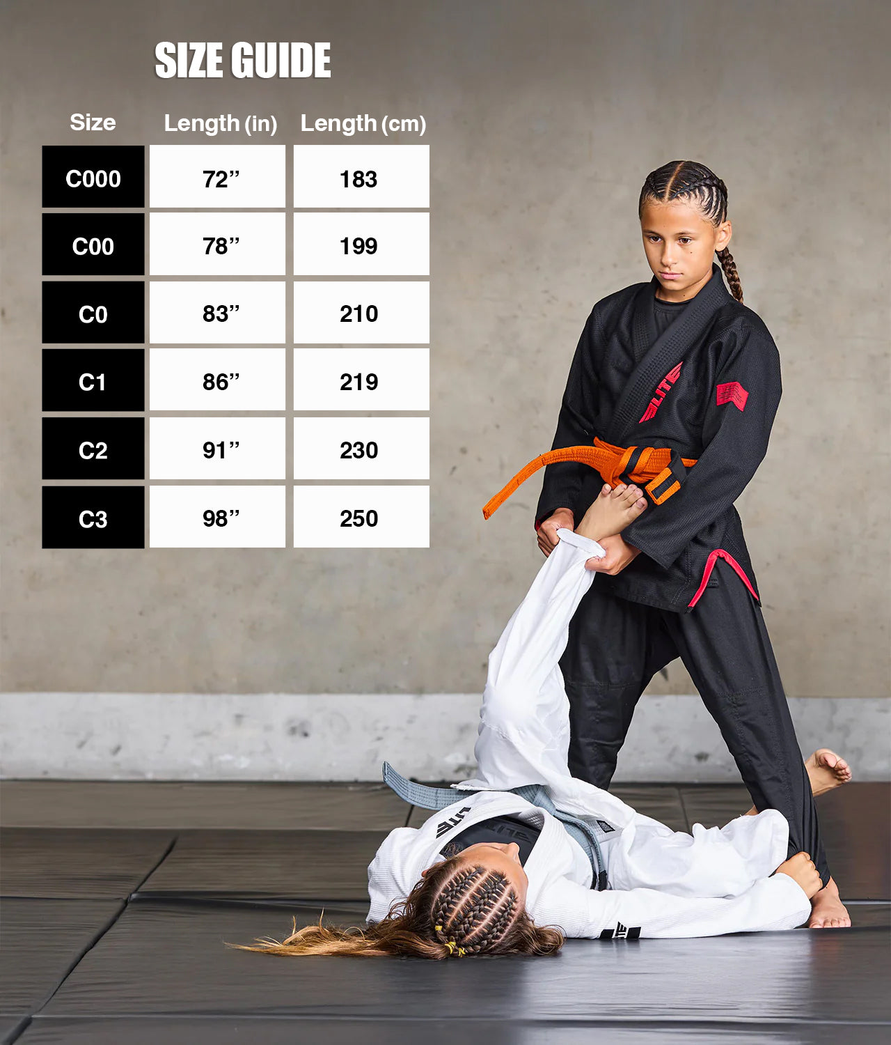 elite sports kids Brazilian jiu jitsu orange/black bjj belt size guide