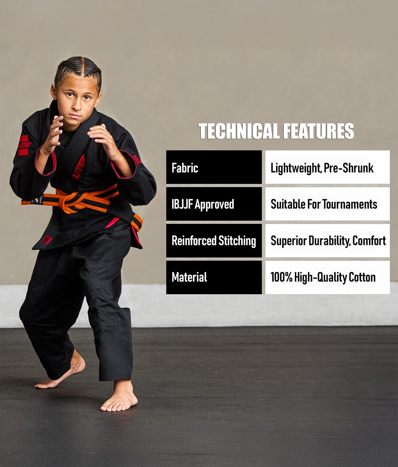 elite sports kids orange/black bjj belt technical features