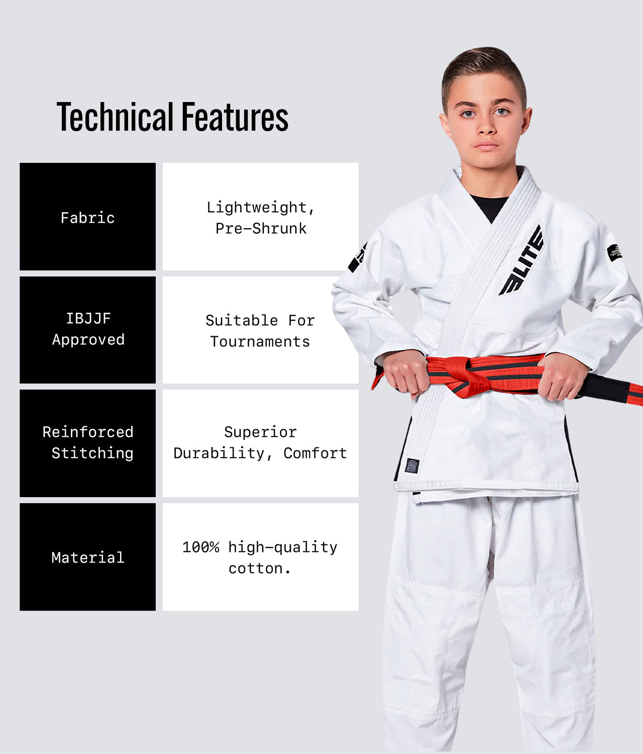 Elite Sports Kids' Jiu Jitsu BJJ Orange/Black Belt Technical Features