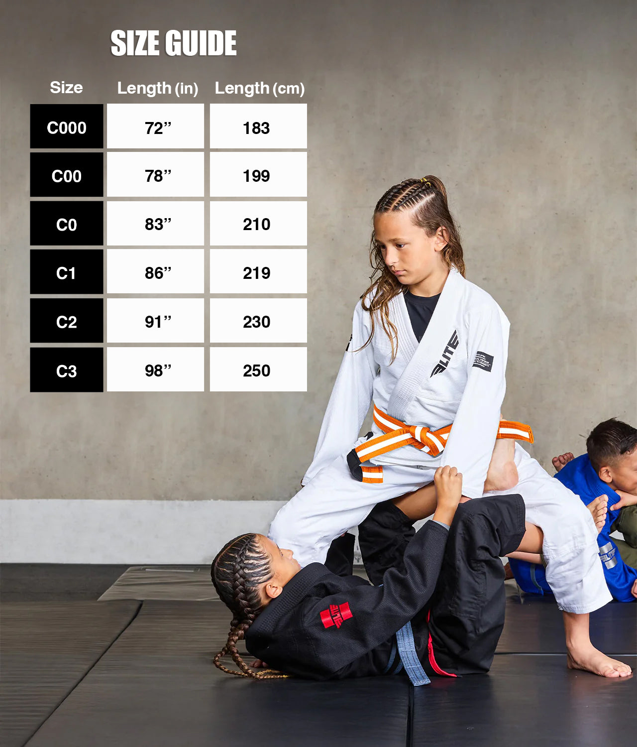 elite sports kids Brazilian jiu jitsu orange/white bjj belt size guide