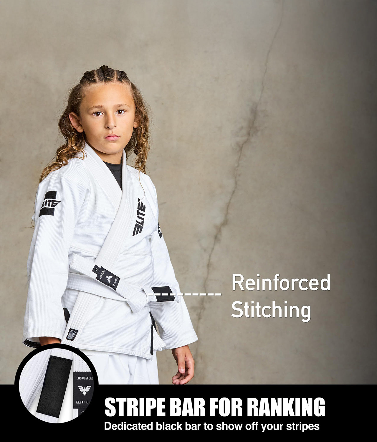 elite sports kids white bjj belt with stripe bar for ranking